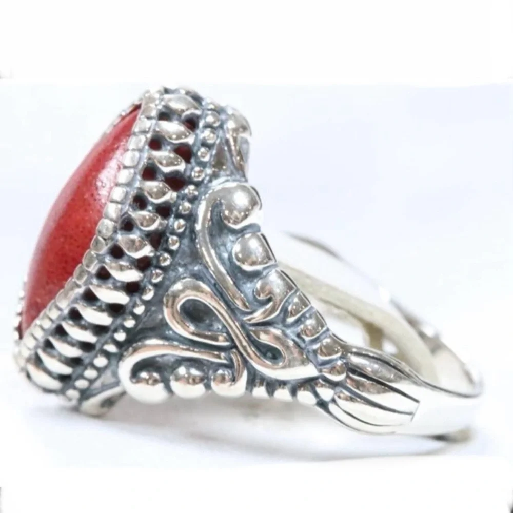 Carolyn Pollack Relios Red Coral sterling silver scroll‎ ring size 9.25